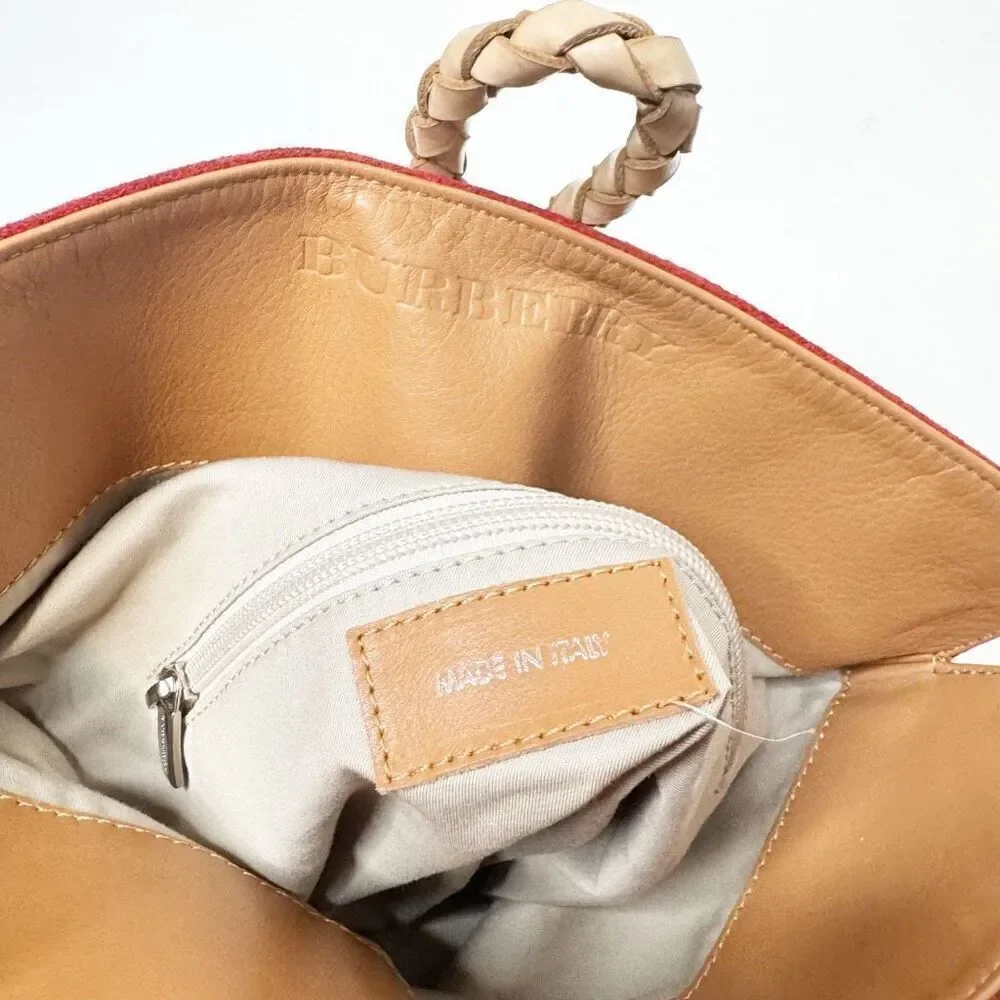 BURBERRY Suede Haymarket Check Horn Toggle Braided Leather Shoulder Bag Red